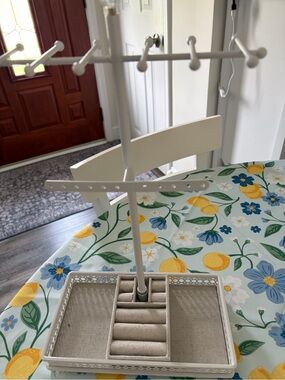 White Jewelry Organizer Stand with Multi-Arm Hooks and Ring Slots
